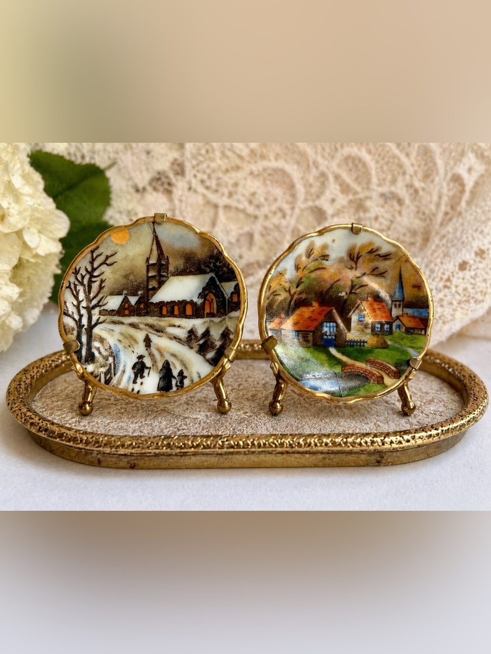 Vintage Limoges France Mini Porcelain Plaques Gold Rim Scenic Village set